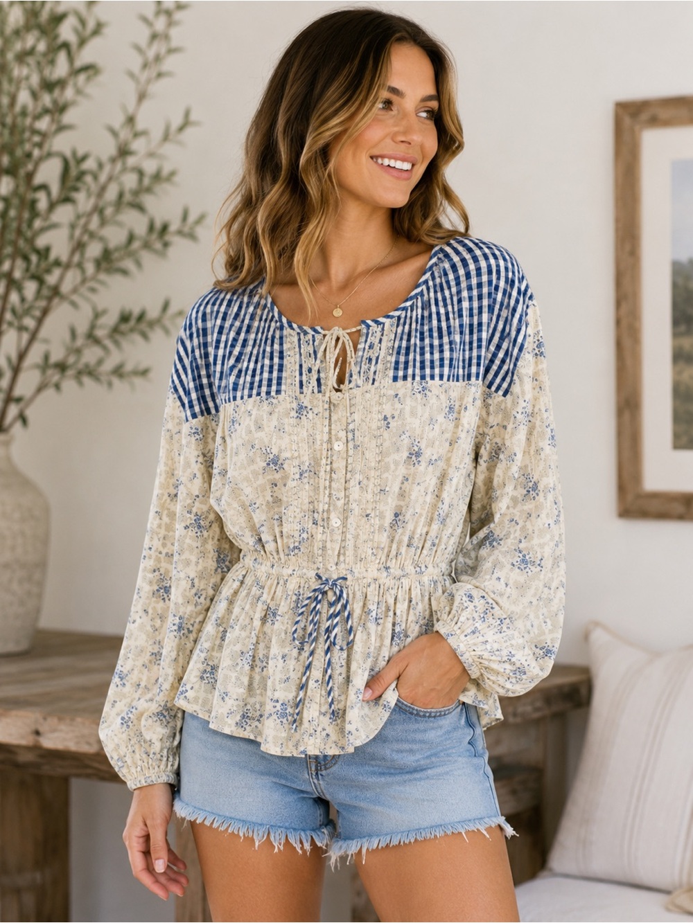 American Eagle Blue & Cream Floral Drawstring Peasant Cotton Blouse Medium NWT